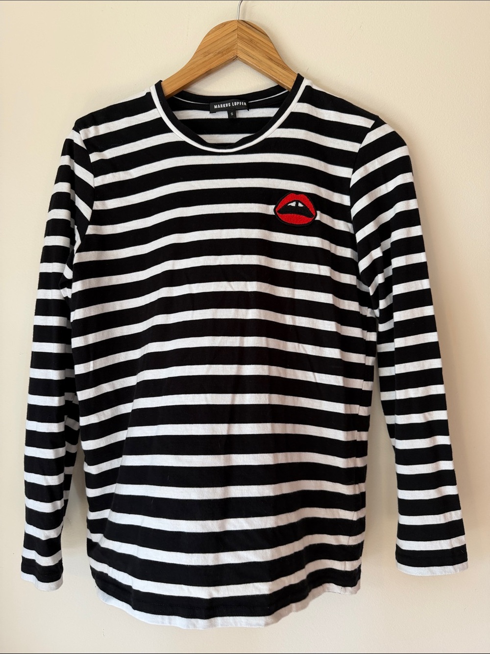 Markus Lupfer Black & White Striped Long-Sleeve Top with Red Lip Patch